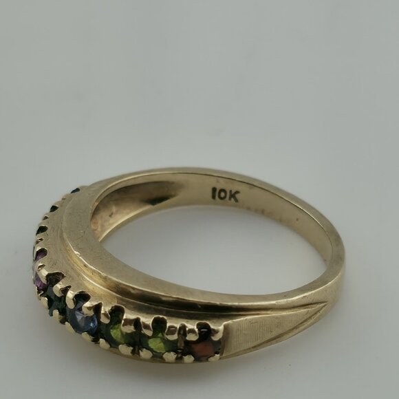 10k Yellow Gold Ring 9 Stones Rainbow Mothers Grandmother Mom Size 6 HOF Vintage - Picture 13 of 15